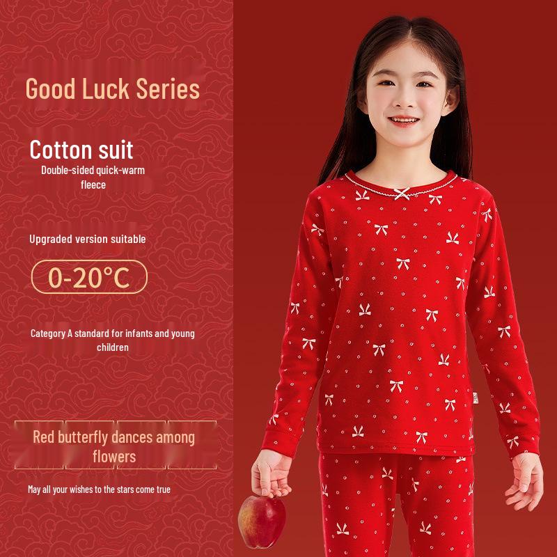 Children's Autumn/Winter Horse Year Red Long Johns Set - Pure Cotton Warm Pajamas