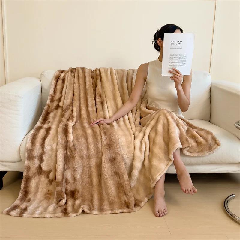 Luxury Faux Rabbit Fur Throw Blanket Winter Warm Soft Cozy Fluffy Home Decorative Tie-dye Bed Blankets Couch Sofa Furry Blanket