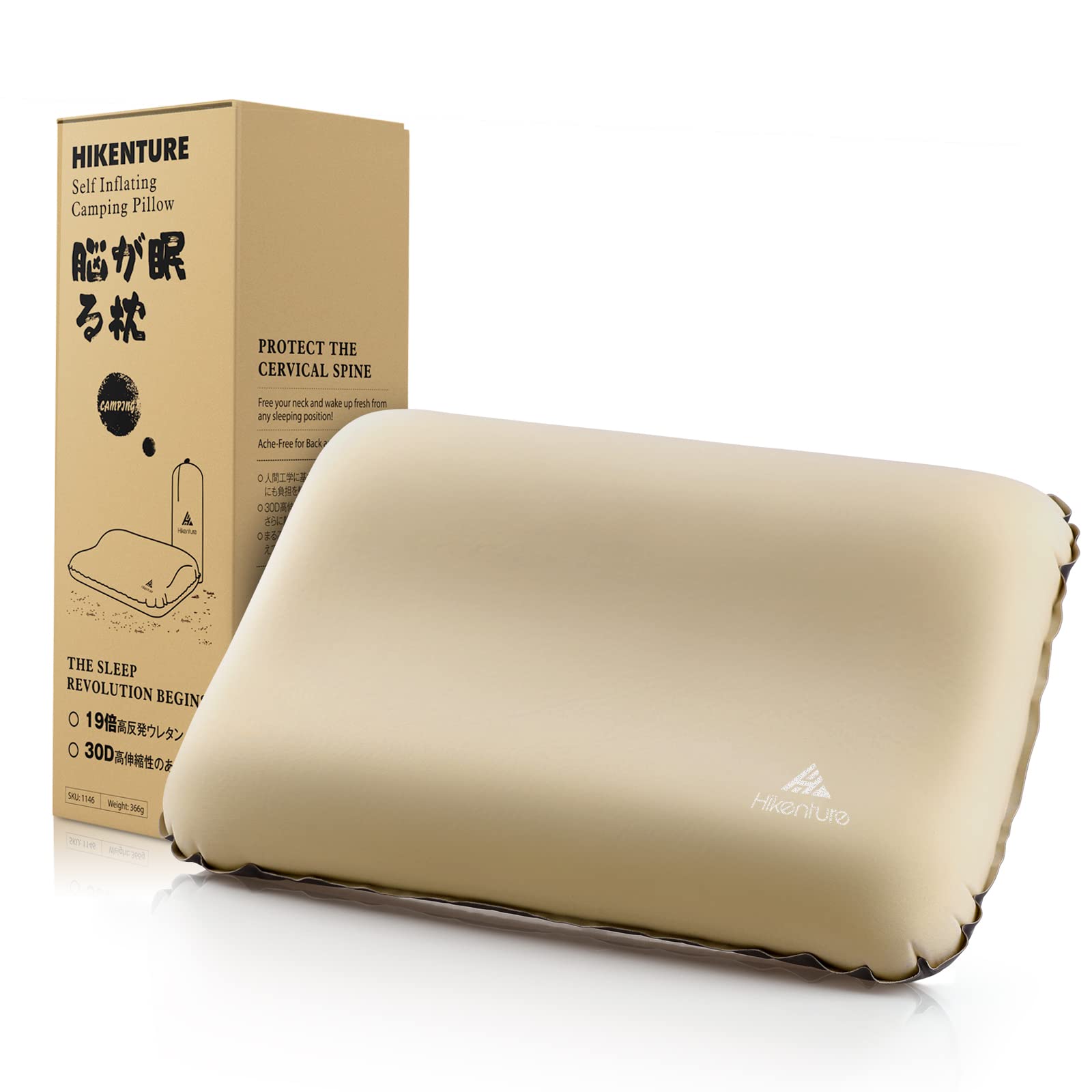 Hikenture Camping Pillow [19x High-Rebound Urethane] Inflatable Pillow, Ergonomic Design, Self-Inflating, Ultralight, Portable Pillow, 30D High-Elasti