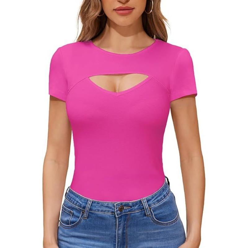 New Fashion Spring and Summer Sexy Hollow Threaded T-Shirt Top Casual Crew Neck Short Sleeve Women