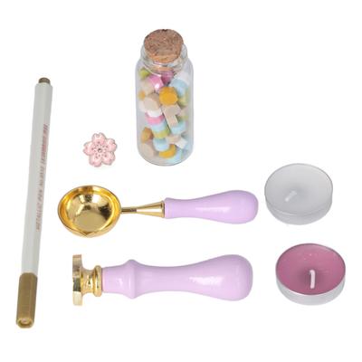 Wachssiegel-Set Europäisch Retro DIY Farbwachssiegel Versiegelungs-Set mit Holzstempelgriff Kirschblüten-Brosche für Umschlag