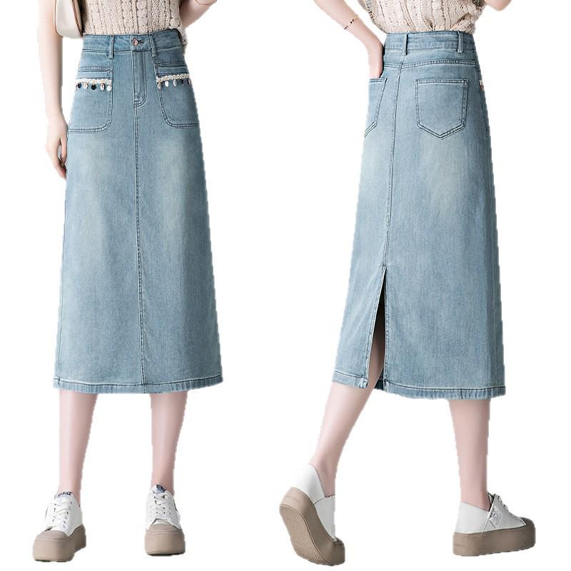 Damen Hellblauer High-Waist Jeans-A-Linien-Rock mit Schlitz - Frühjahr 2026 Mode