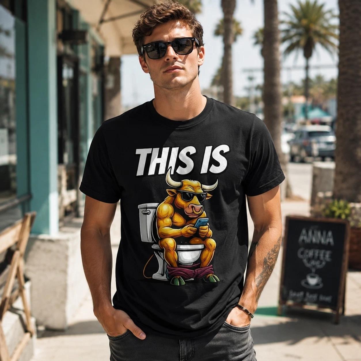 Funny This Is Bull T-Shirt | Muscular Bull on Toilet Graphic Humor Tee L