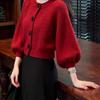 Women's Red Lantern Sleeve Cardigan: New Year Autumn/Winter Loose Knit Sweater Top