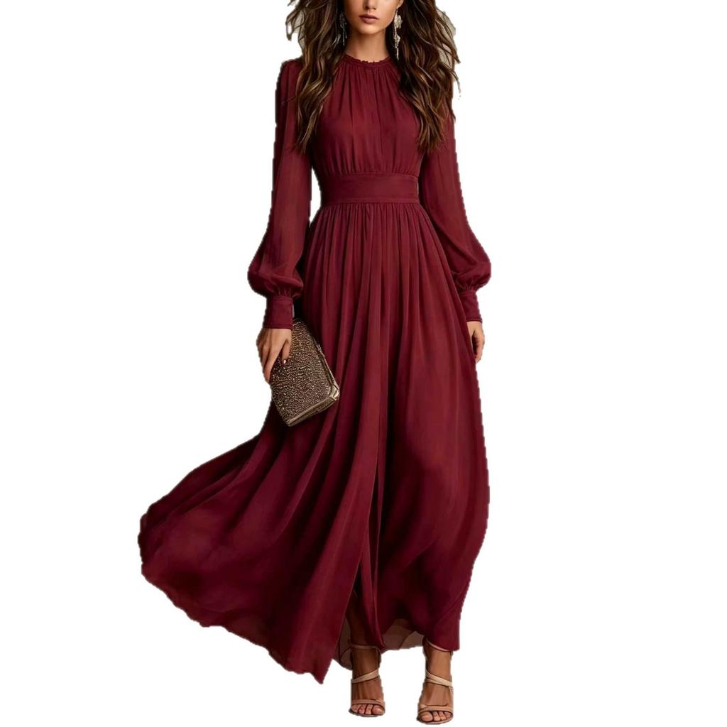 European and American new women's clothing simple solid color round neck long sleeve pleated waist dress