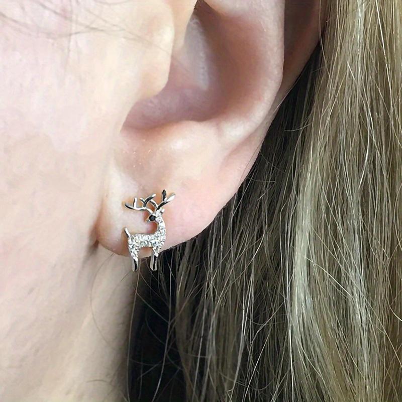 Gold Plated CZ Deer Stud Earrings, Cute Sparkly Reindeer Animal Studs for Women