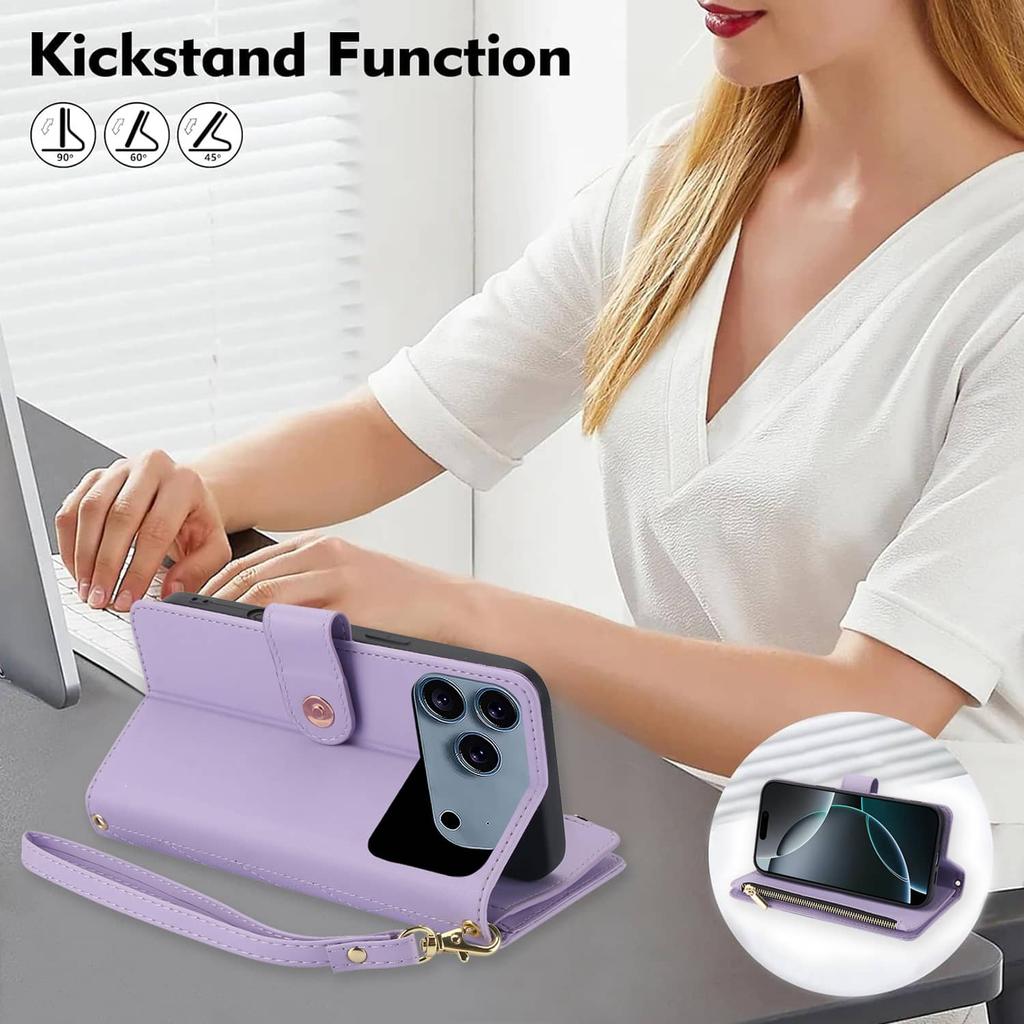 Wallet Case for iPhone 17 Pro Max Air, Adjustable Crossbody Zipper Purse Case Card Holder with Kickstand , Flip Folio Case