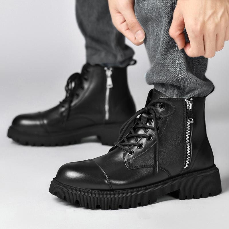 Martin Boots Men's Side Zipper Autumn and Winter Fashion Trendy Men's Cowhide Medium-top Short Boots Thick-soled Tooling Boots High-top Leather Shoes