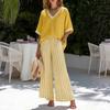 Summer Two Piece Outfit for Women Striped Short Sleeve V Neck Top And Wide Leg Pants Set with Pockets Casual Vacation Lounge Sets