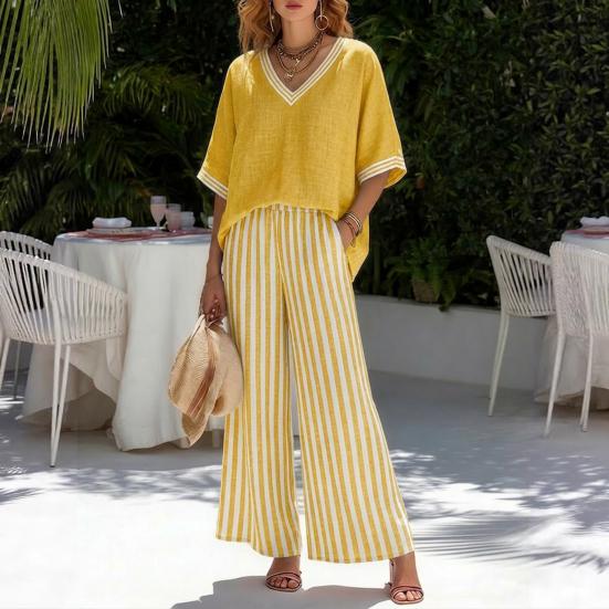 Summer Two Piece Outfit for Women Striped Short Sleeve V Neck Top And Wide Leg Pants Set with Pockets Casual Vacation Lounge Sets