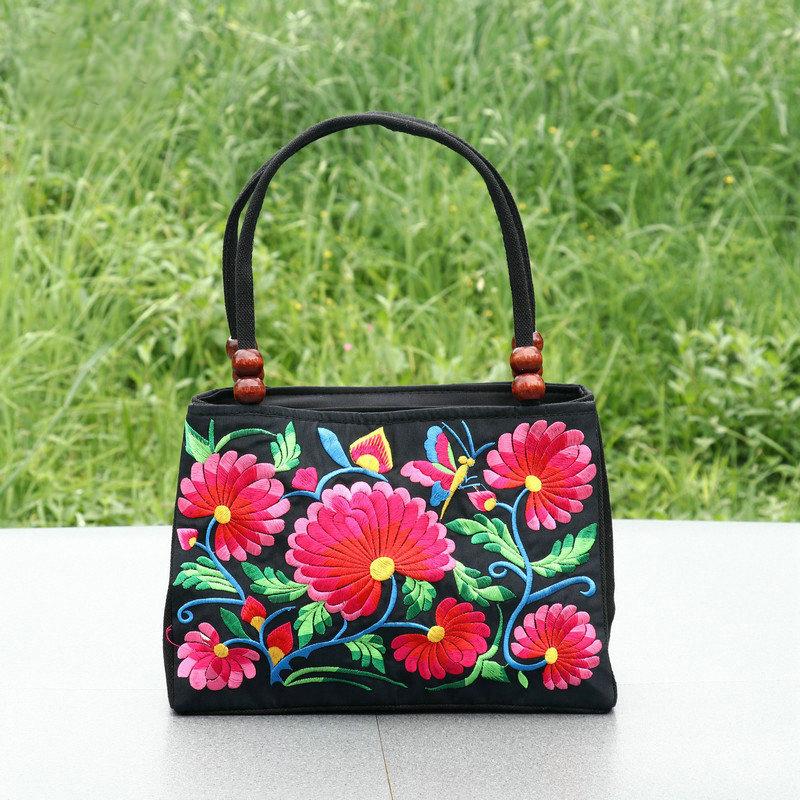 Ethnic style double-sided embroidered double-layer canvas bag middle-aged and elderly women's square bag