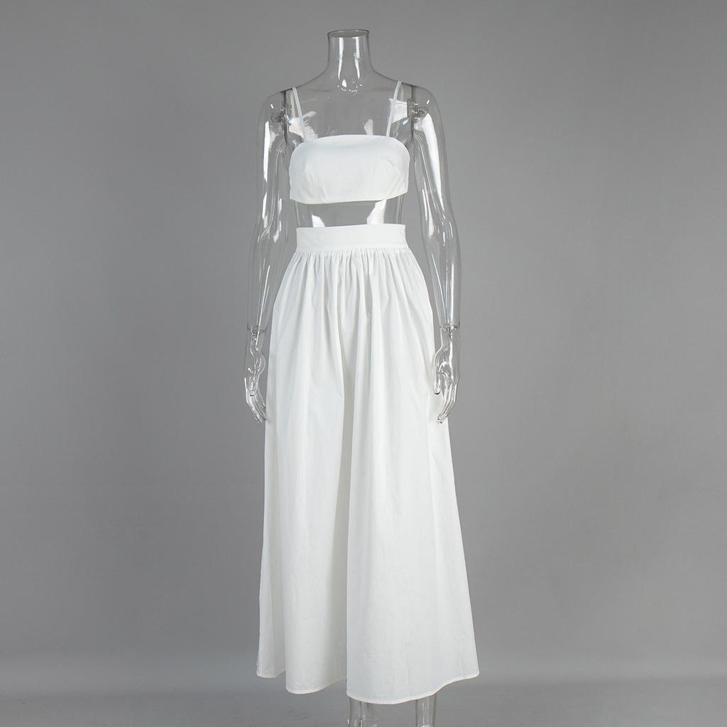 Women Elegant Cotton Camisole Top Casual Skirt Suit 2025 Spring and Summer Fashion Solid Color Sexy Wrapped Vest Long Skirt Set