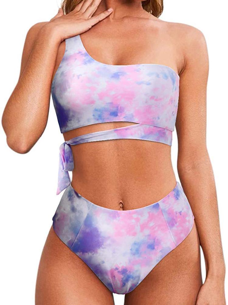 Cikini Ein-Schulter-Bikini-Set für Damen, Zweiteiliger Badeanzug, Einfarbige Sommer-Strandbademode, Badeanzug für Damen