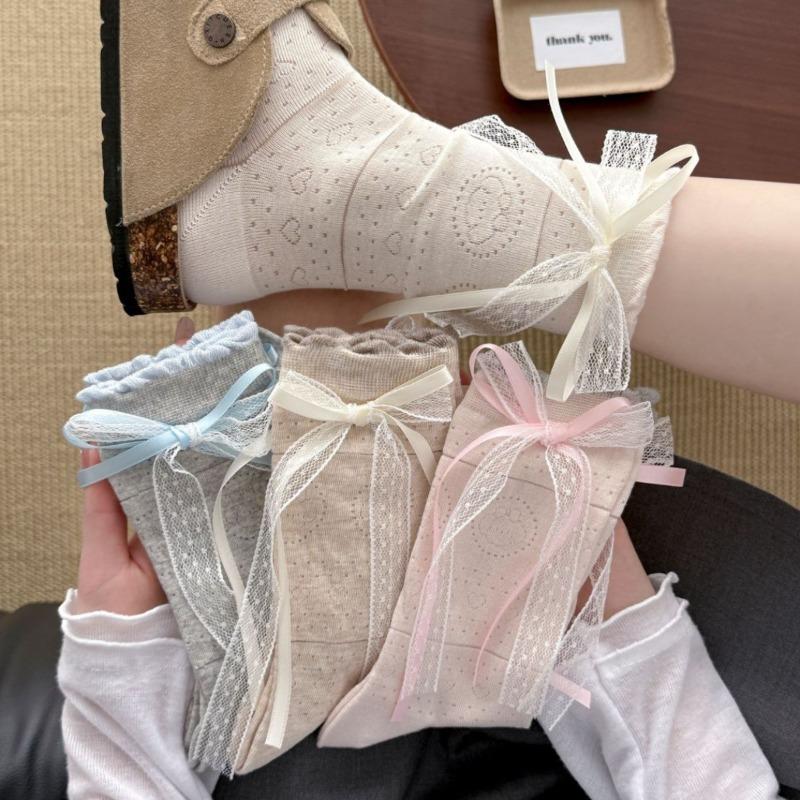 Cute Boneless Summer Thin Socks with Bow Ties. Children's Sweet Long Ribbons. Lolita Mid-calf Socks with Decorative Ties.