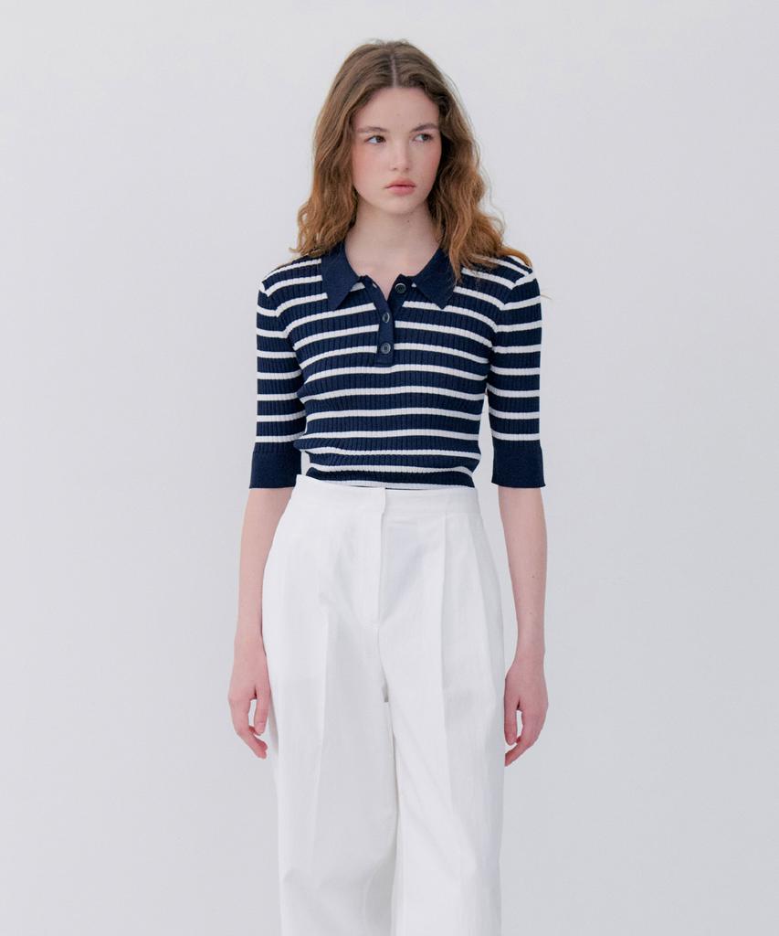 NOTIA Slim Stripe Collar Knit - Navy Stripe