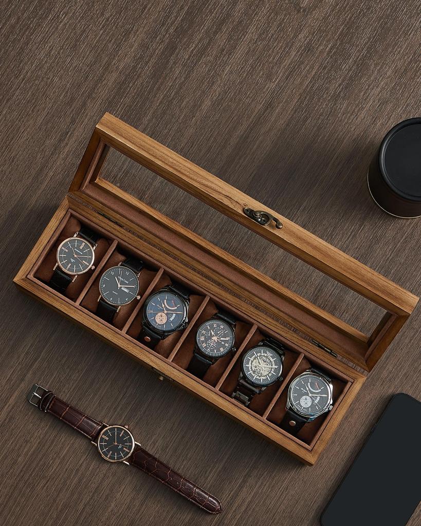 SONGMICS Wooden Watch Case for 6 Collection Case with Clear Watch Accessory Stylish Day Gift for Men and Birthday JOW006K01 Watches, Window, Box,