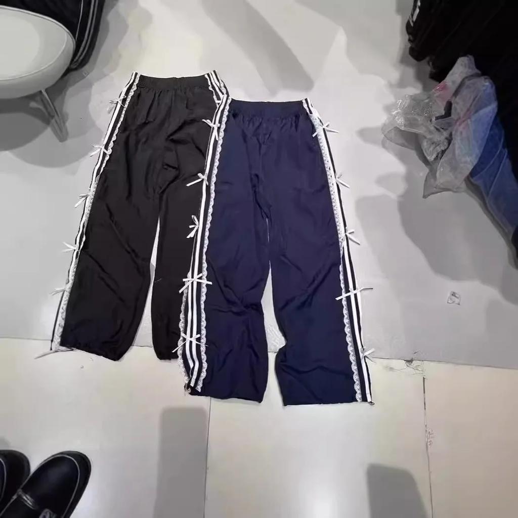 Elastic Waist Lace Flared White Edge Stitching Casual Pants Slim Sports Pants Bow Tie Pants