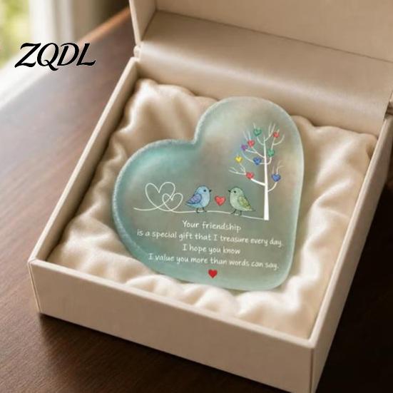 Healing Style Bird Pattern Ornament Heart Shape Acrylic Friendship with Engraved Verse & Tree, Desktop Appreciation Gifts for Long Distance Friend Art