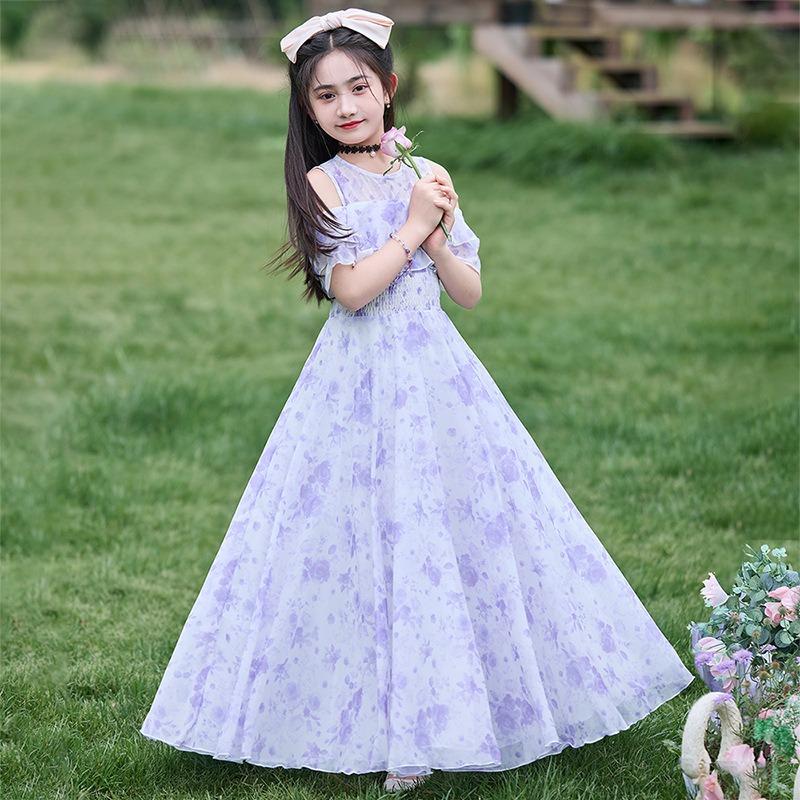 Girls Floral Print Princess Long Dress Kids Summer Casual Beach Dress