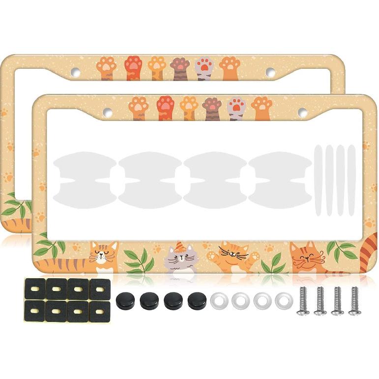 2PCS Yellow Cat Pattern License Plate Frames For Men Women - Universal Aluminum Stainless Steel Kitten Cat Mom Personalized Car Tag Covers Holder