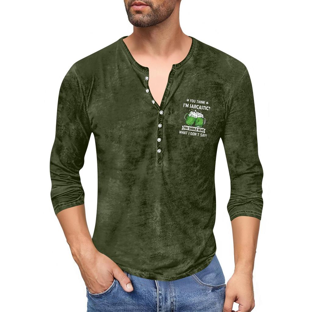 Men'S Printed T-Shirt Outdoor Retro Button Loose Long Sleeve Top