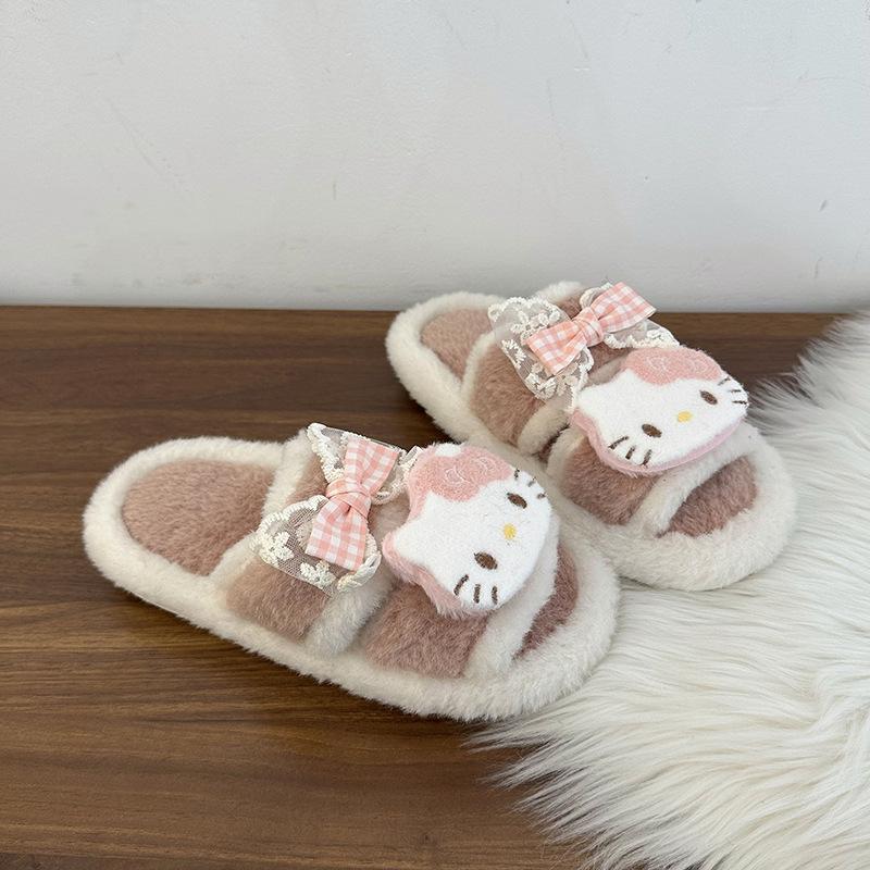 Vitality cute cartoon kitten fluffy slippers female 2025 autumn and winter fashion versatile casual one-word cotton slippers