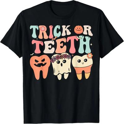 T-shirt d'Halloween Rétro Groovy Trick Or Teeth Dentaire Dentiste