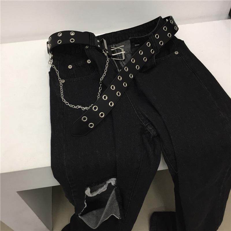 Belt Women Korean Instagraphs Retro Personality Black Double-breasted Metal Chain Embellished with Everything Punk Belt