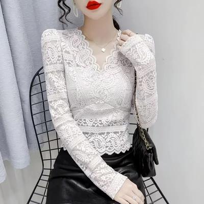 Blouse élégante et transparente pour femme, noire, en dentelle, à manches longues, col en V, coupe ajustée, style décontracté