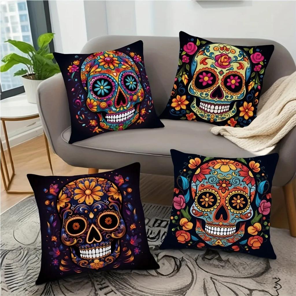 Gruselige Halloween Kissenbezüge 45x45cm - Bunte Zuckerschädel bedruckte Kissenhüllen, Kissenbezug für Sofa Wohnzimmer