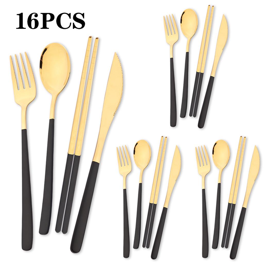 16pcs Black Gold Dinnerware Set Knife Fork Coffee Spoon Cutlery Set Mirror Stainless Steel Flatware WesternKitchen Tableware