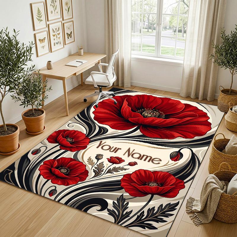 Floral Garden Theme Crystal Velvet Rug Personalized Custom Name Text Soft Floor Mat Home Decor
