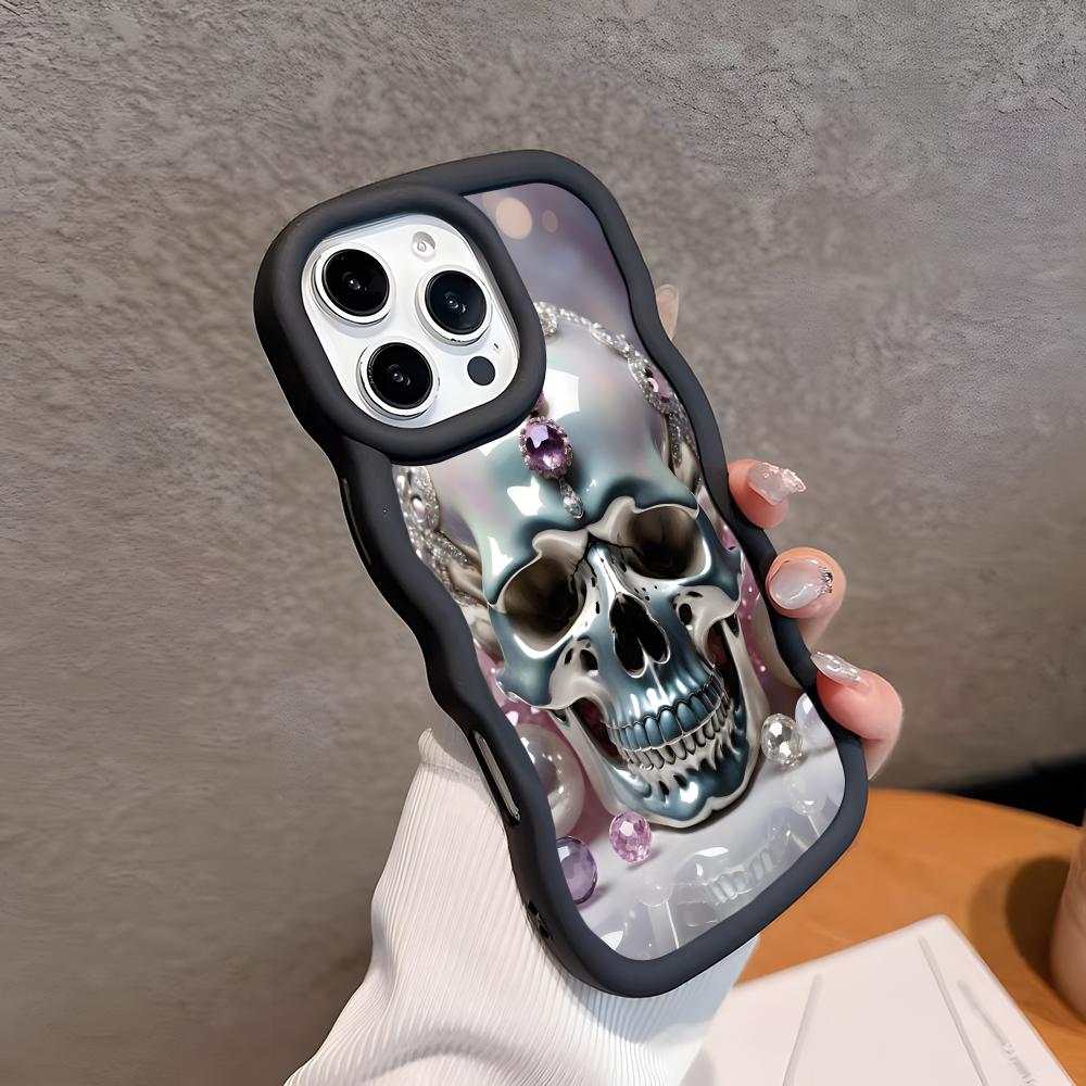 

Silver Skull Wavy Edge TPU Mobile Phone Case for iPhone 17 16 15 14 13 12 11 Air Pro Max Plus Colorful Cover iPhone 14