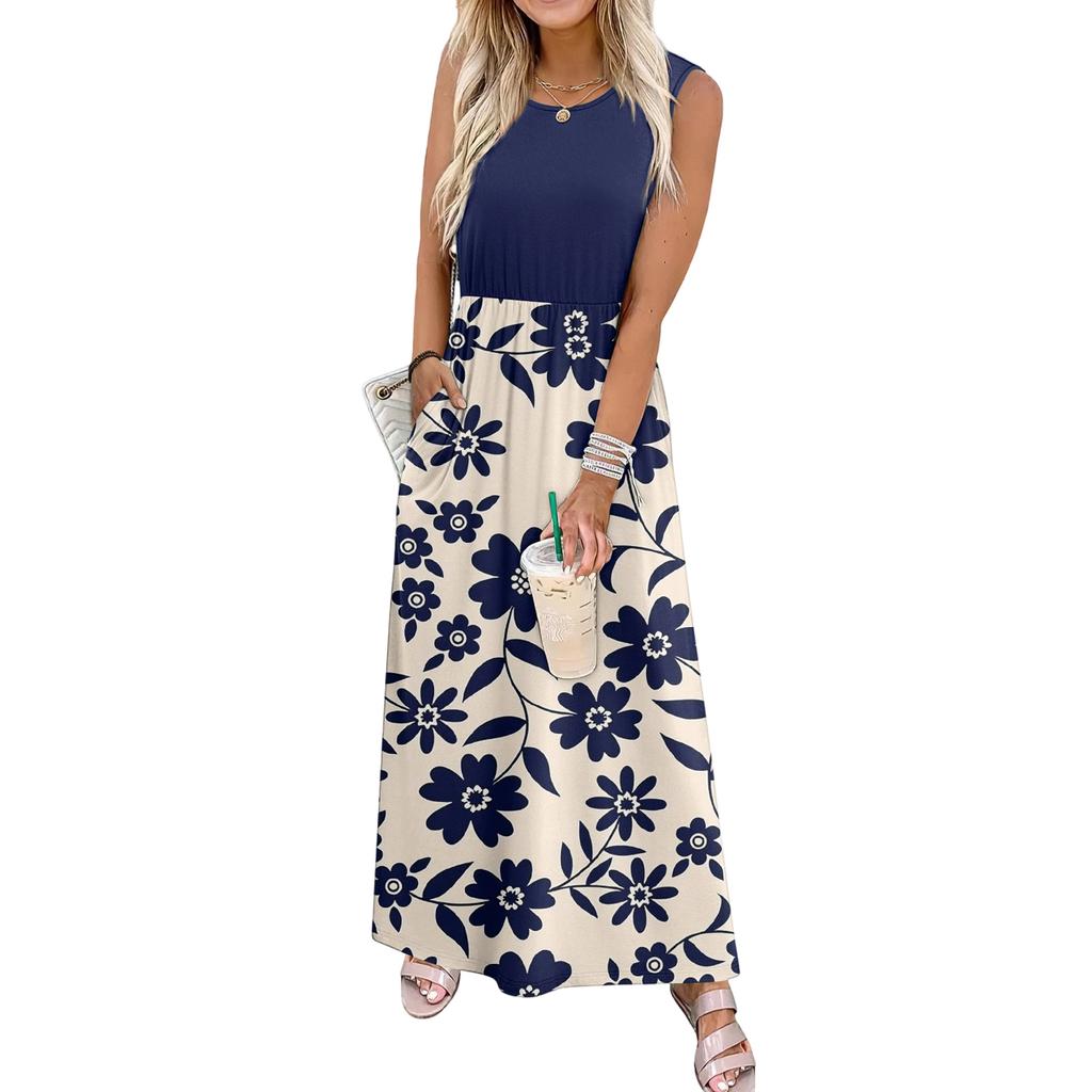 Ladies' Floral Print Casual And Fashionable Waist Cinched Sleeveless Dress