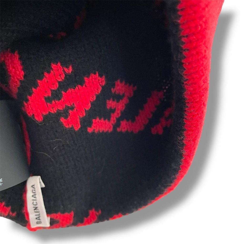Used [Popular In Good Condition] Authentic, Authenticated, Balenciaga Logo, All-over Pattern, Beanie Cap, Knit Cap, Hat, Red X Black