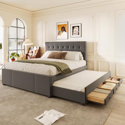 (=WX000502AAE) Upholstered Bed, 140x200cm, Double Bed with Three Drawers, Pull-out Bed, Adjustable Headboard, Without Mattress, Grey