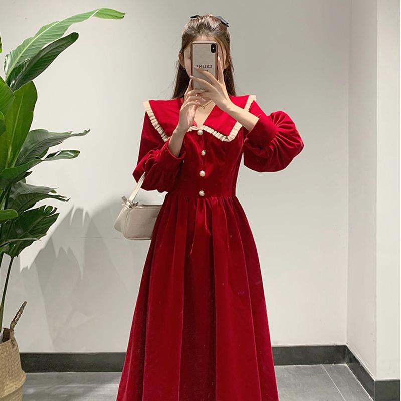 New Autumn Black Peter Pan Collar Dress Women's French High-end Elegant Long Dress Waist-cinching Slimming Audrey Hepburn Style Dress