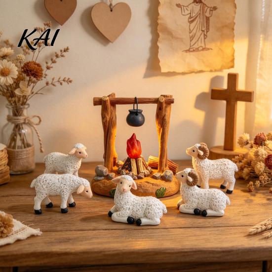 Holiday Tabletop Display Christmas Nativity Scene Set with LED Lighted Campfire, Resin Manger Stable Figurine, Miniature Wooden Look Hut & Sheep