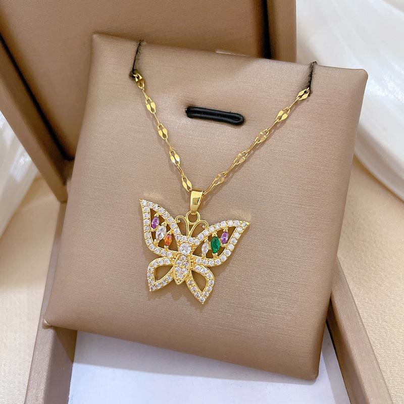 Light Luxury Full Diamond Micro-Inlaid Zircon Heavy Industry Color Butterfly Necklace Copper Electroplated Real Gold Pendant