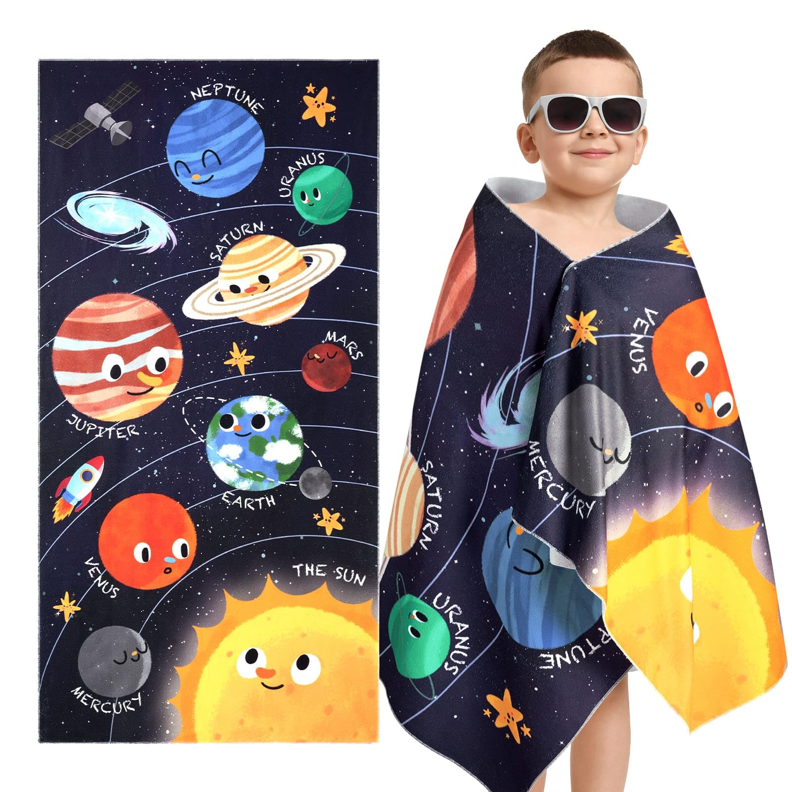 

Oversized Solar System Space Beach Towel for Boys Quick Dry Microfiber Lightweight Planet Travel Pool Towel for Kids W40*H60(CM)