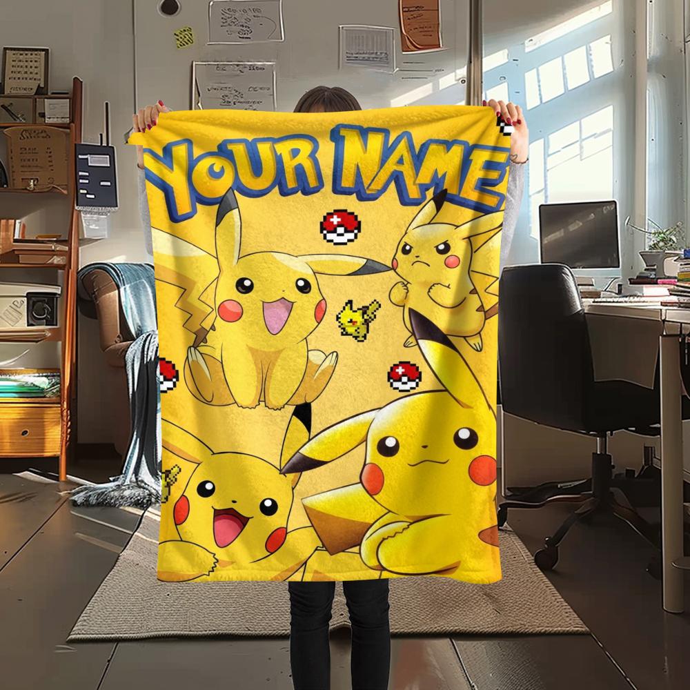 1PC Custom Name Pokemon Patterned Flannel Blanket Suitable For All Seasons for Home Decor Warmth and Comfort Gifts Holiday Present_xia