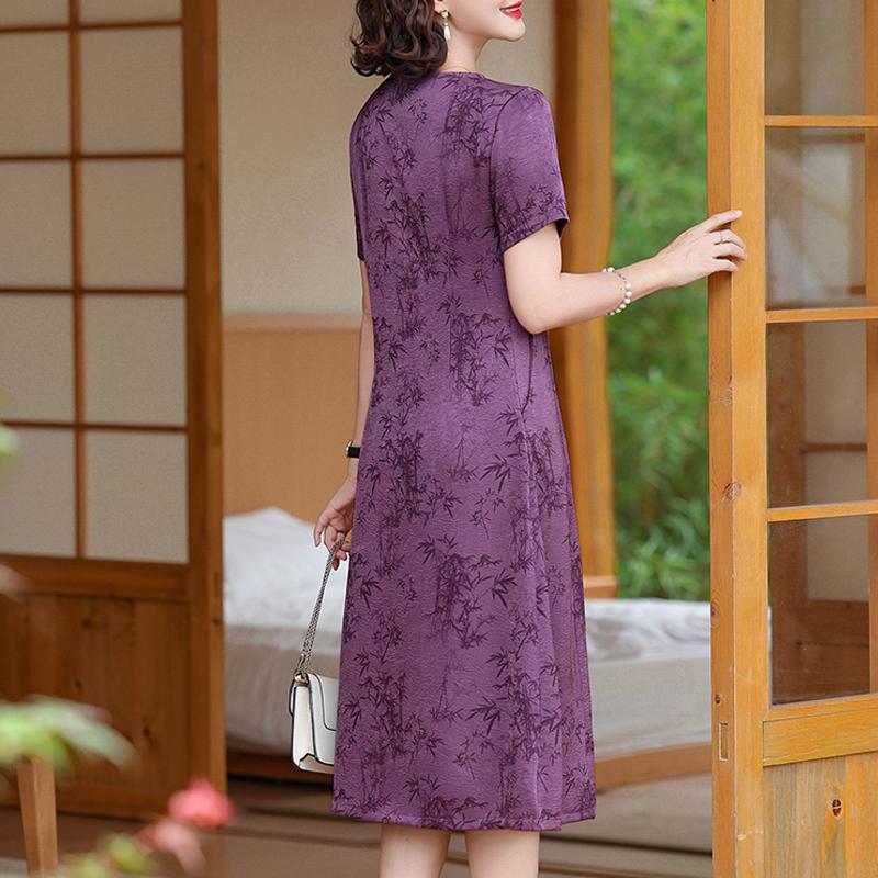 Summer Dress Women Plus Size Short Sleeve Vintage Long Dress Casual Middle-aged Women's Clothing