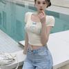 Korean Version Sweet Design Letter Embroidery Heart Square Collar Collarbone Bow Short Sleeved Top Women's Summer Versatile