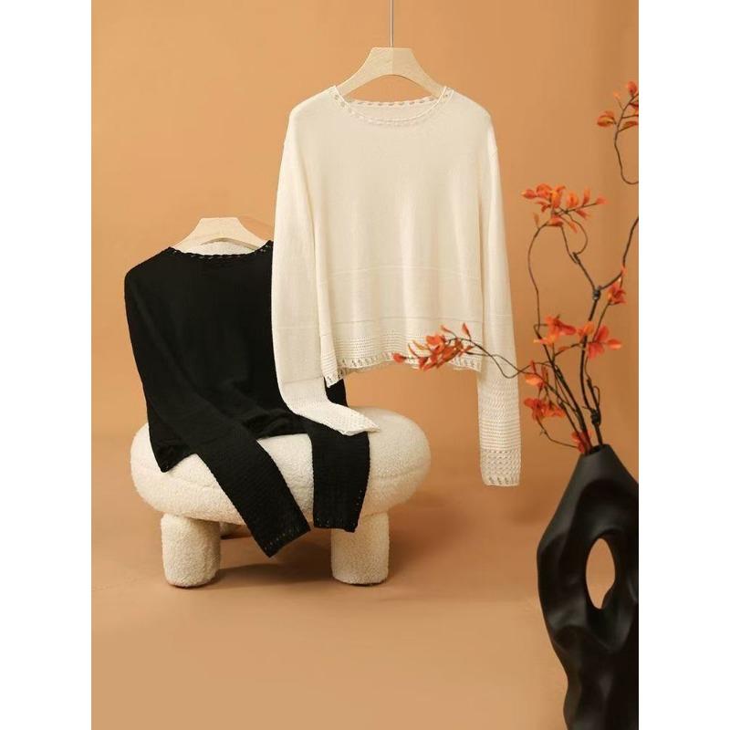 Women Loose Hollow Out Crew Neck Thin Knit Sweater Casual Long Sleeve Pullover Top