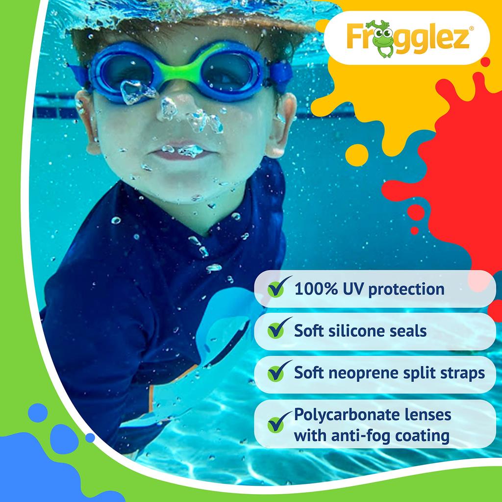 Frogglez Swimming Goggles for Under 10s Swimming Instructor Premium Painless Strap Anti-Fog (Ages 3-10) - Recommended;