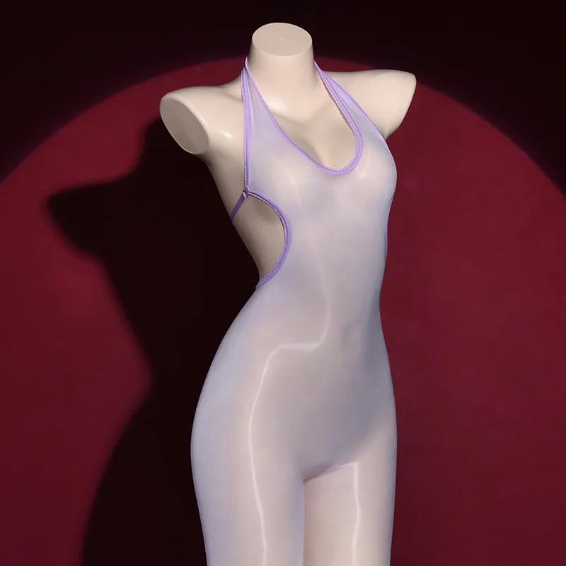 Women Sexy Jumpsuit V Neck Backless Oil Shiny Glossy Stockings Open Crotch Elastic Seamless Pantyhoses Transparent Bodystockings