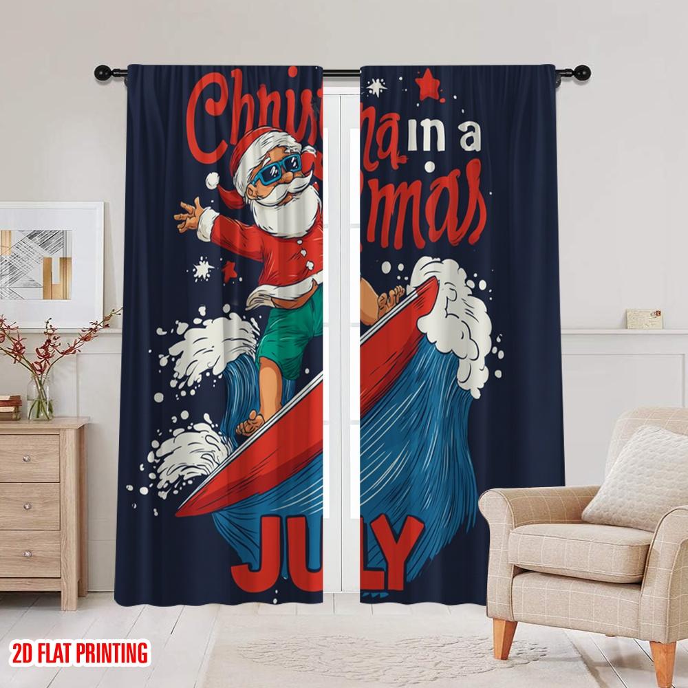 2 Stück, 2D-Flachdruck Kreative Vorhänge Surfender Weihnachtsmann & Rentier Polyestergewebe (ohne Stange) Festlicher Gebrauch für Schlafzimmer, Wohnzimmer