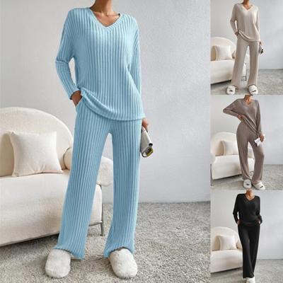 Women's Knitted Sets Autumn and Winter Long-sleeved V-neck Loose Pitted Top + Casual Straight Pants Two-piece Set