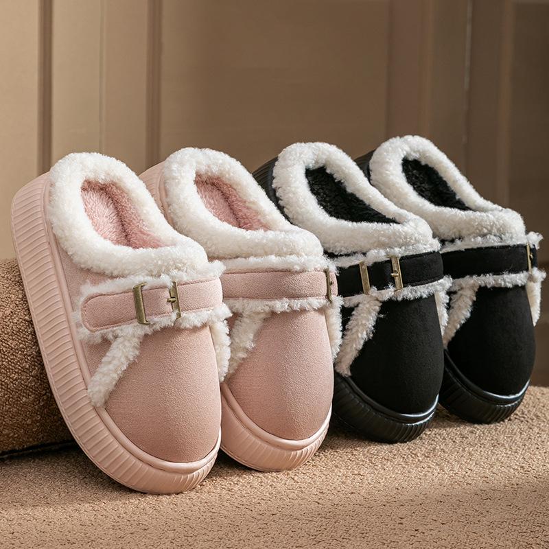 Thick bottom plush warm cotton slippers winter home indoor plush thickened outer wear non-slip fashion buckle cotton mop