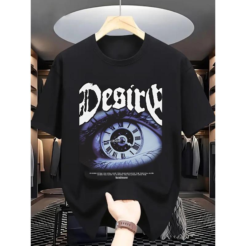 European Size Men's T-Shirt with 'Desire' Eye Print - Non- Round Neck Casual Summer Shirt, Suitable for Warm Weather, Machine Washable & Dry Cleanable